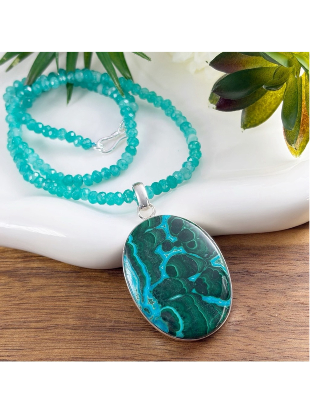 Sterling Silver 925 Large Top Quality Malachite Chrysocolla Pendant Handmade New - Picture 4 of 10